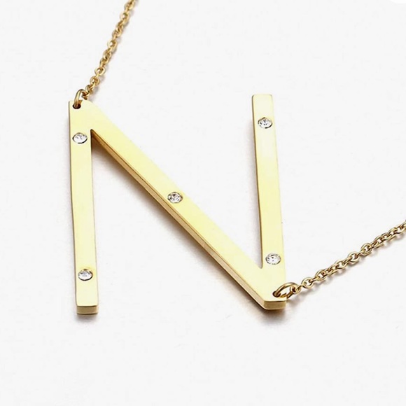 SILVER Sideways Initial N Pendant Cubic Zirconia Double Side Necklace - Picture 1 of 4
